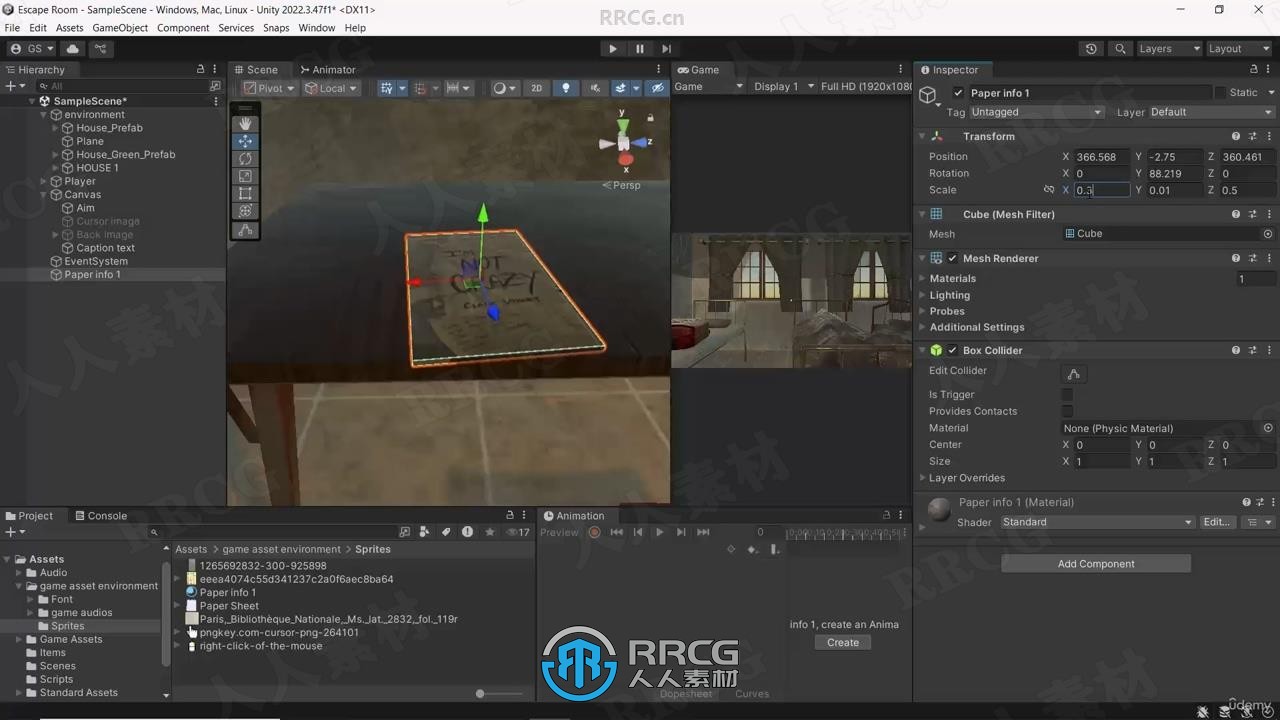 【中文字幕】Unity与C#3D解谜逃脱游戏制作工作流程视频教程