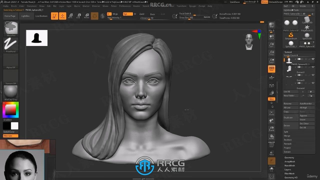 【中文字幕】Zbrush女性人物头部肖像数字雕刻流程视频教程